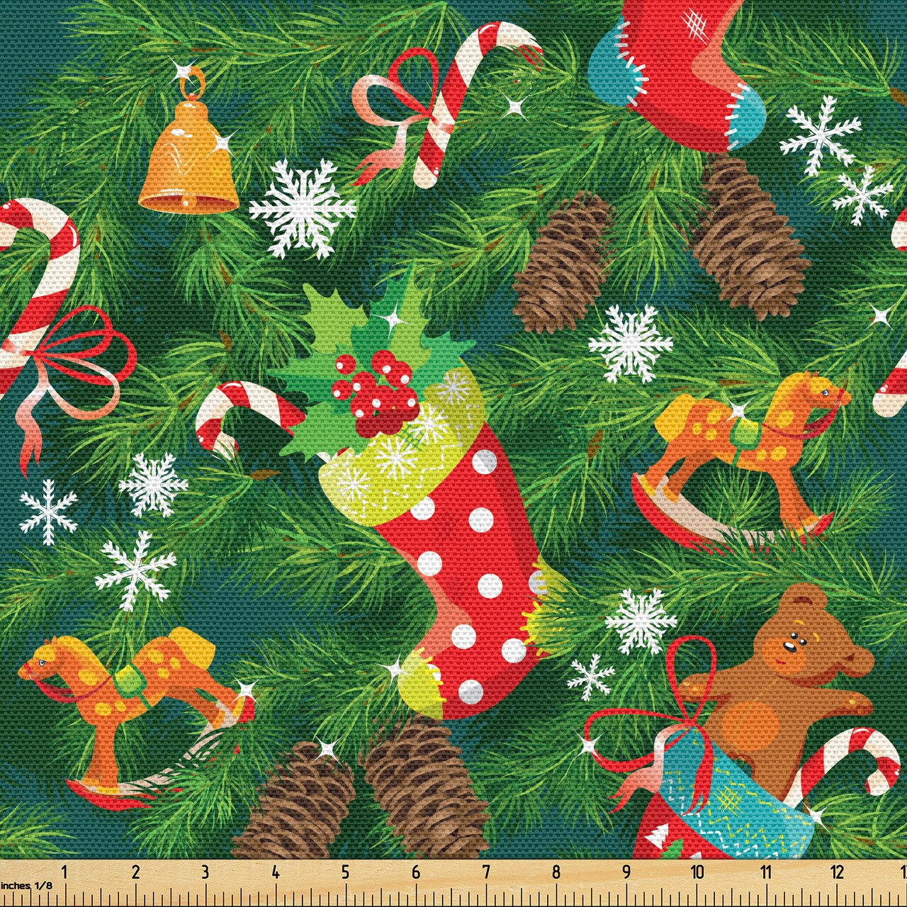 Ambesonne Christmas Fabric by The Yard, Xmas Accessories Stockings Candies Horse Teddy Bear Toys on Pine, Decorative Fabric for Upholstery and Home Accents, 2 Yards, Green Brown
